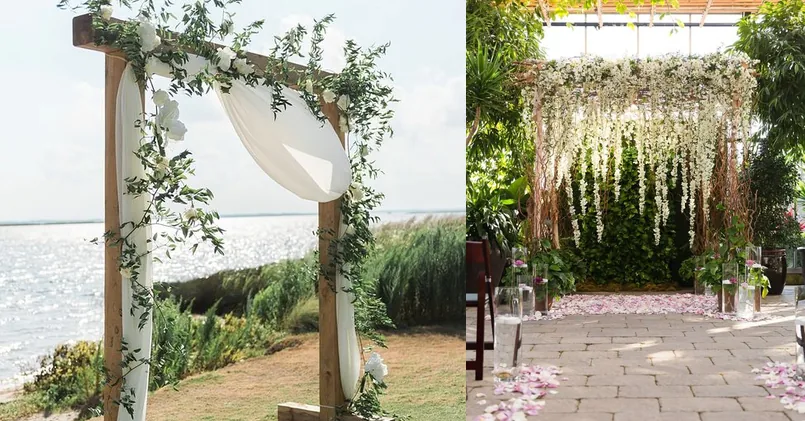 wedding arch, outfit ideas collage for special occasions
