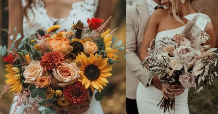 wedding bouquets, outfit ideas collage for special occasions