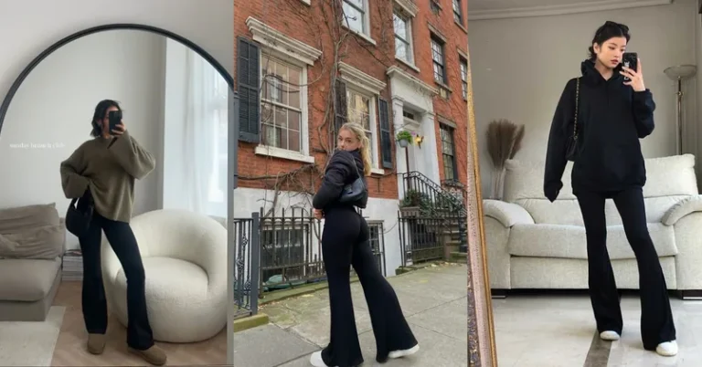 flared yoga pants outfit, photo collage