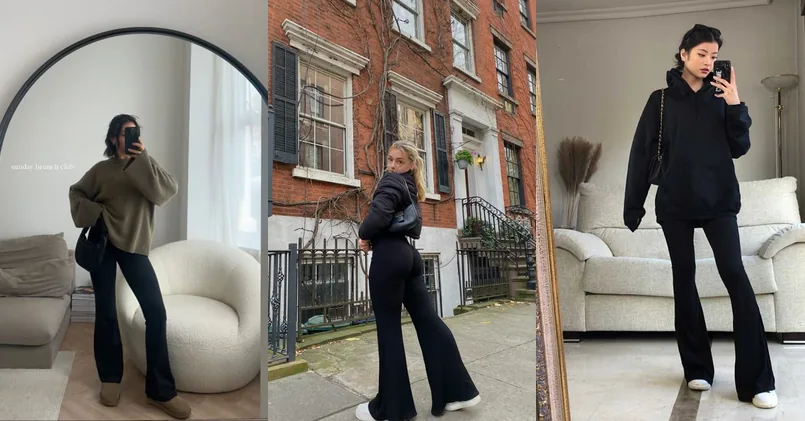 flared yoga pants outfit, photo collage