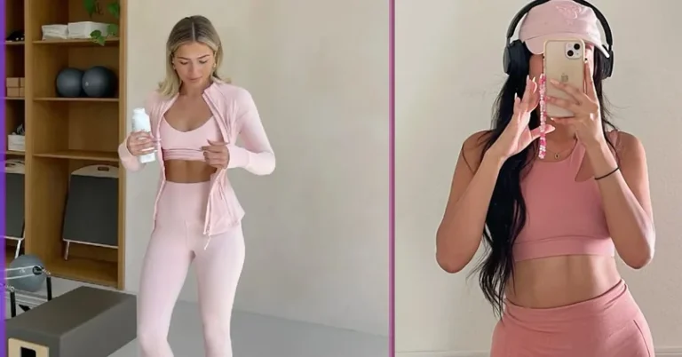 pink gym outfits, photo collage