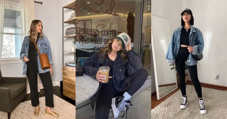 oversized denim jacket outfit, photo collage