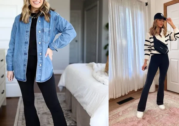 flare leggings outfit, photo collage